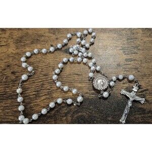 Vintage Gray Pearl Rosary Metal Cross Emblem Catholic Church Religion EUC